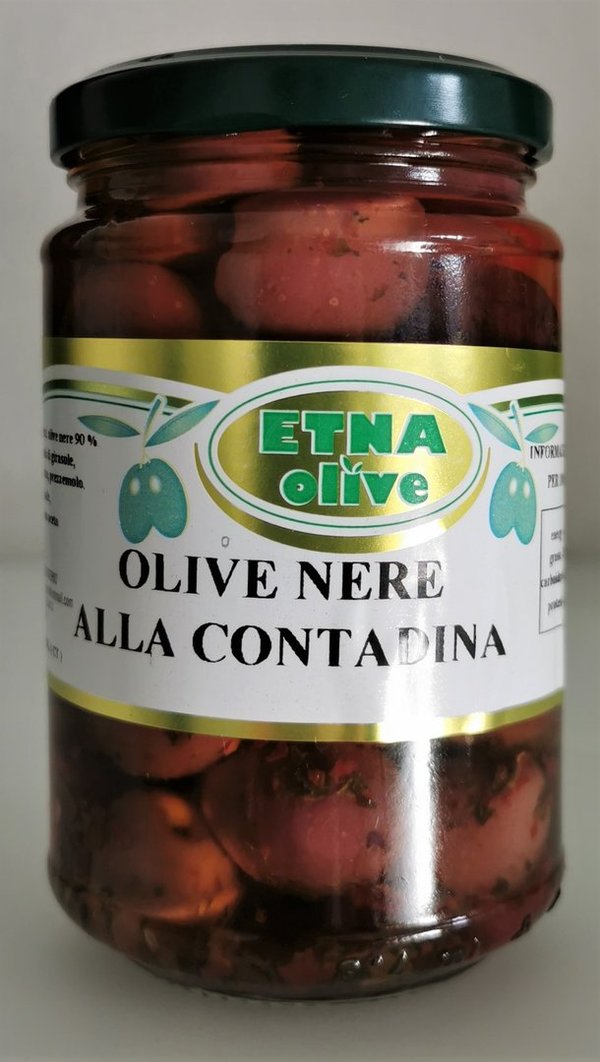 Olive Nere alla Contadina (schwarze Oliven mit Stein, gewürzt) 300g